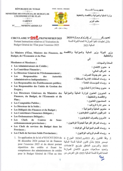 CIRCULAIRE N°002/PR/PM/MFBEP/2025 Portant Instructions relatives à l&#039;Exécution du Budget Général de l’Etat pour l’exercice 2025.