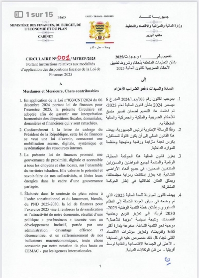 CIRCULAIRE N°001/MFBEP/2025 Portant Instructions relatives aux modalités d&#039;application des dispositions fiscales de la Loi de Finances 2025