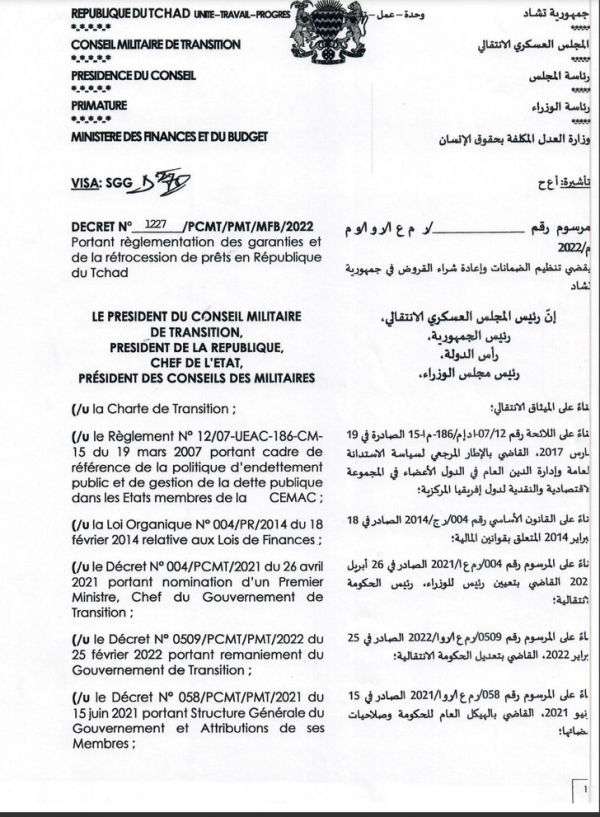 Décret N° 1227/PCMT/PMT/MFB/2022 du 18 mai 2022 portant règlementation des garanties et de la rétrocession des prêts en République du Tchad
