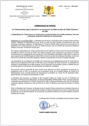 COMMUNIQUE DE PRESSE:  Le Tchad premier pays à parvenir à un accord sur sa dette au sein du Cadre Commun du G20