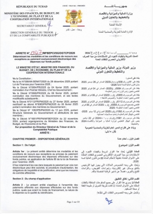 ARRETE N&deg;047-2026 Déterminant les modalités et les conditions de recours aux exceptions au paiement exclusivement électronique des dépenses sur fonds publics