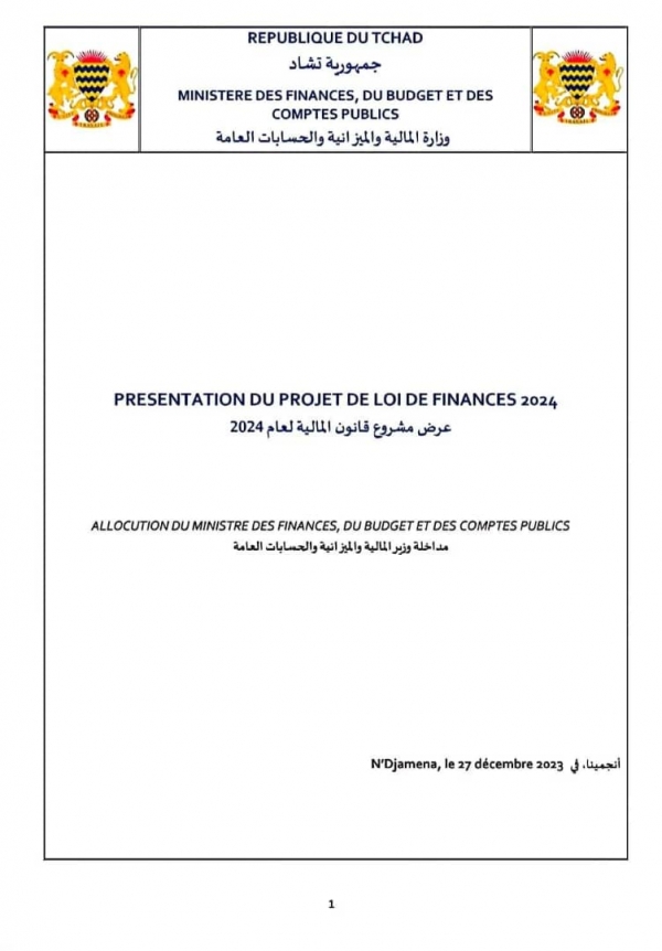 PRESENTATION DU PROJET DE LOI DE FINANCES 2024 Allocution du Ministre des Finances, du Budget et des Comptes Publics M. Tahir Hamid NGUILIN