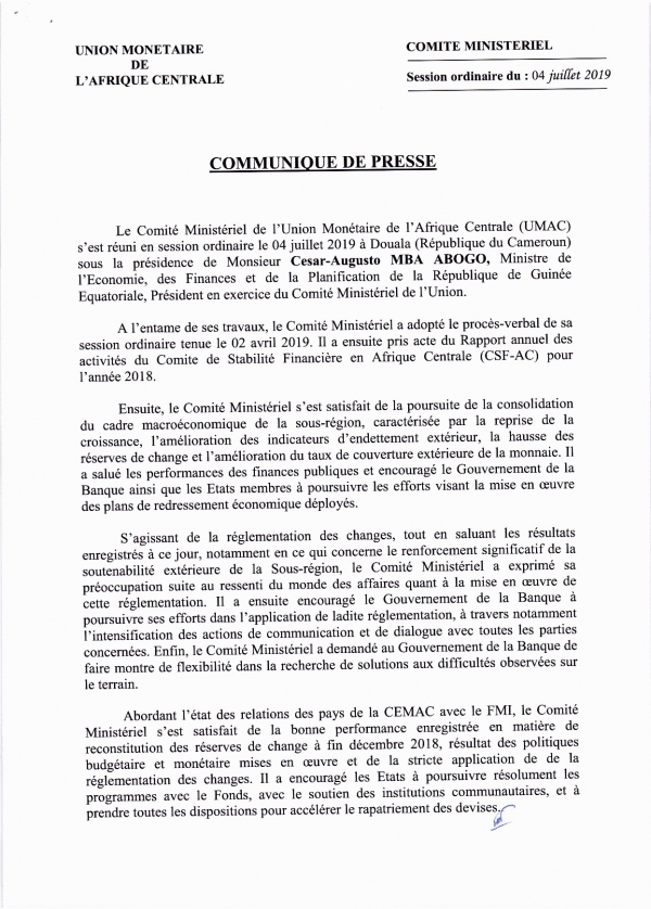 COMMUNIQUE DE PRESSE DU COMITE MINISTERIEL DE L&#039;UNION MONETAIRE DE L&#039;AFRIQUE CENTRALE
