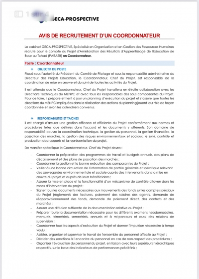 AVIS DE RECRUTEMENT D’UN COORDONNATEUR