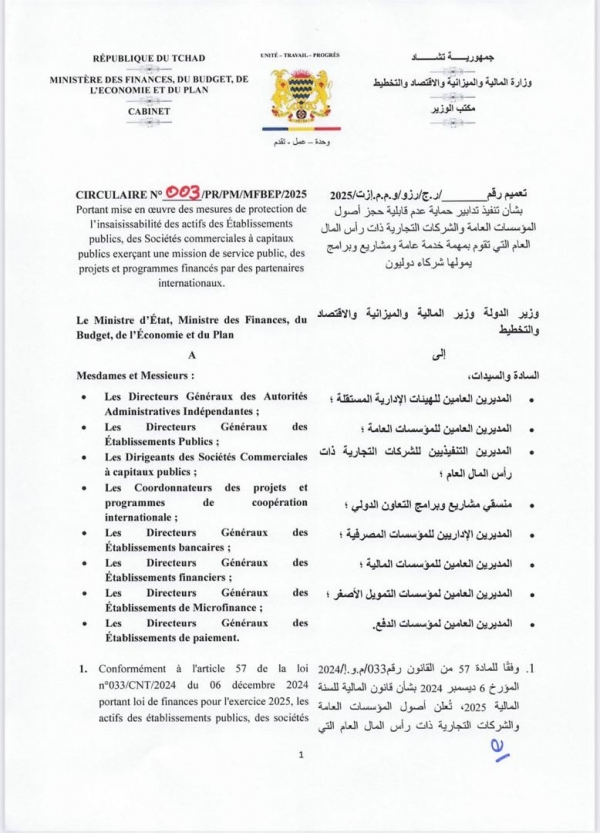 CIRCULAIRE N°003 /PR/PM/MFBEP/2025 Portant mise en œuvre des mesures de protection de l&#039;insaisissabilité des actifs des Établissements publics, des Sociétés commerciales à capitaux publics exerçant une mission de service public, des projets et progra